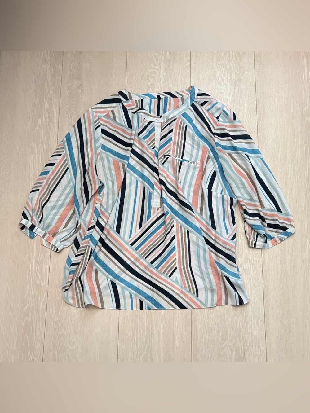 NYDJ Diagonal Striped Dolman Blouse in White, Blue & Coral